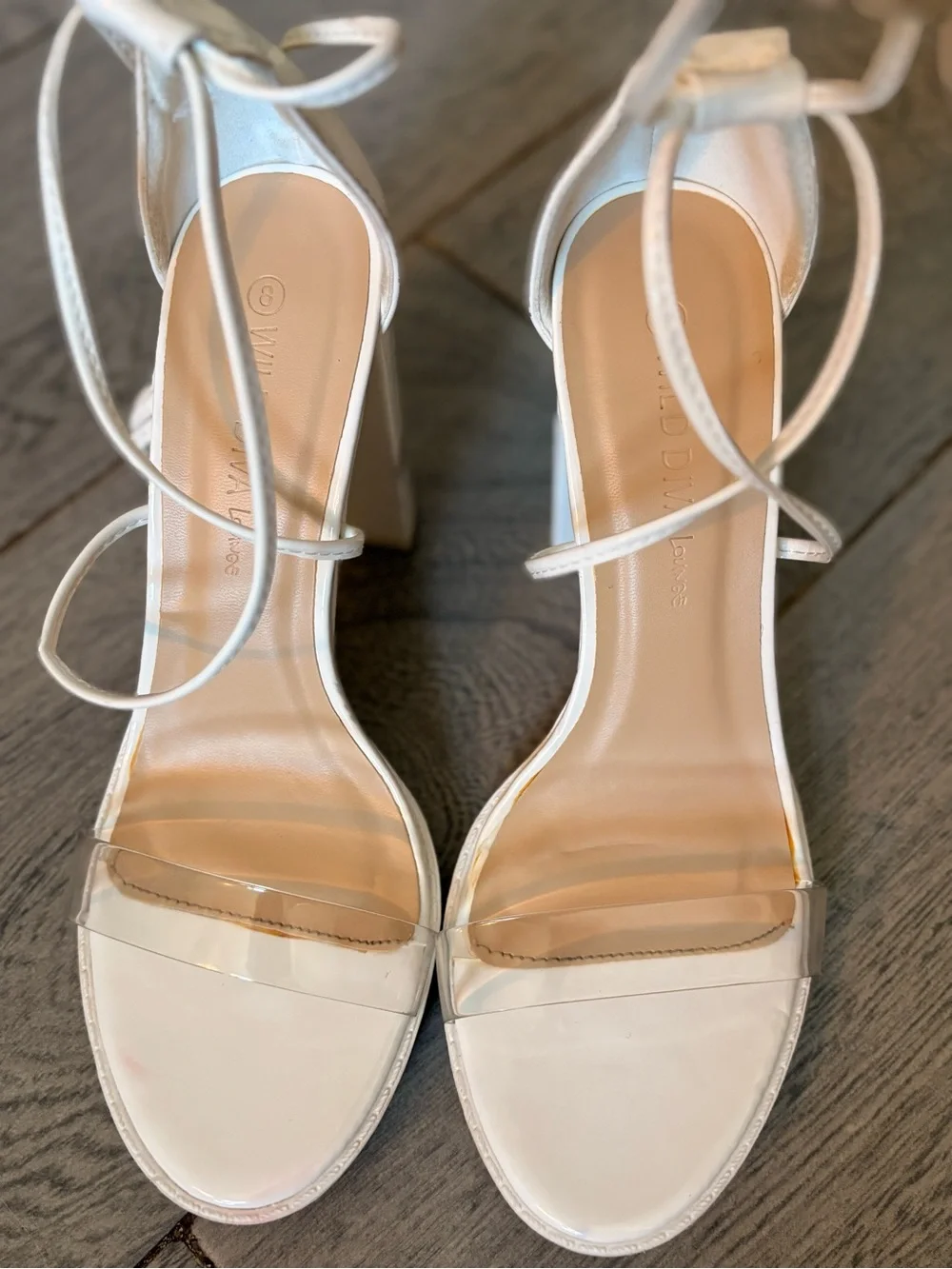 Sexy White Lace-Up Clear Strap Block Heel Sandals - Women Size 8